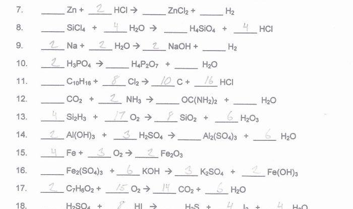 Balancing chemical equations chapter 7 worksheet 1